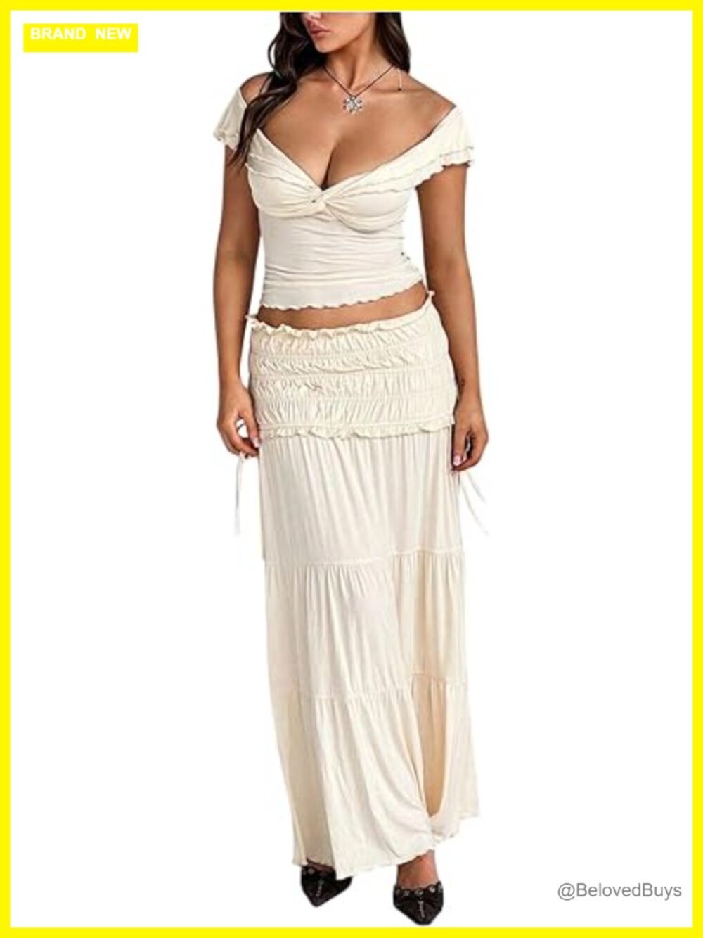 2 Piece Skirt Set Twist Off Shoulder Crop Top Ruffle Maxi Skirt Vacation Summer